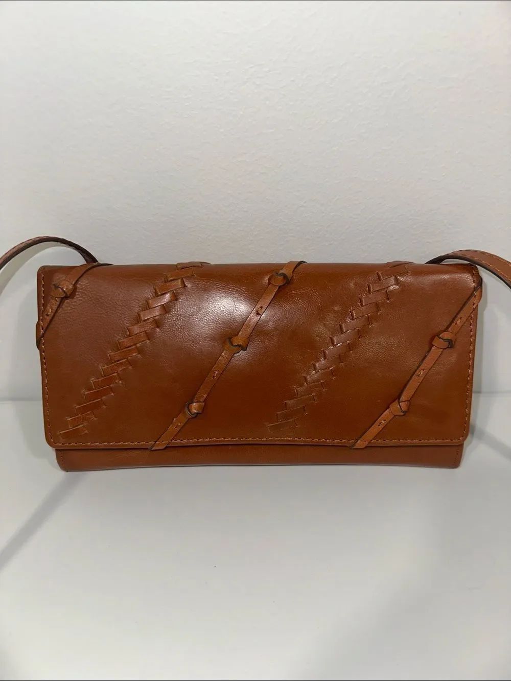 LODIS RFID Brown Woven Braided Leather Zenith Traveler Envelope Wallet Crossbody
